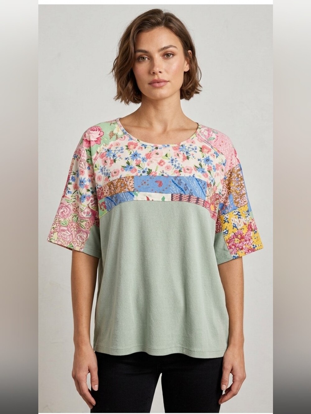 Mint Patchwork Floral Short Sleeve Women's Top